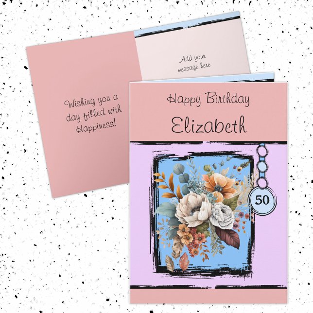 Floral 50th birthday custom name pink card (Creator Uploaded)