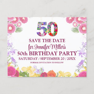 Floral 50th Birthday - Elegant  50 Save The Date Postcard