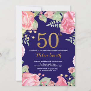 Floral 50th Birthday Gold Glitter Navy Blue Invitation