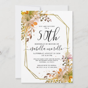 Floral 50th Birthday Gold Invitation