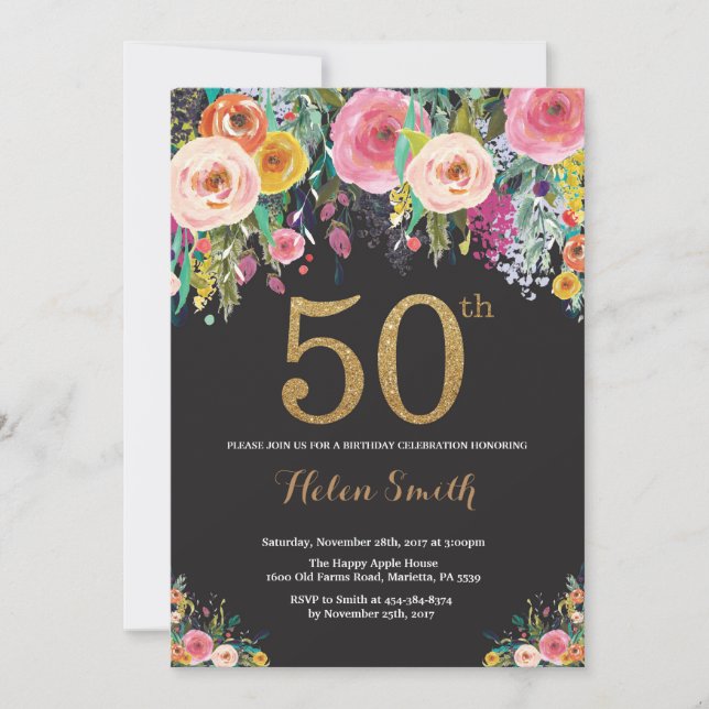 Floral 50th Birthday Invitation Gold Glitter (Front)