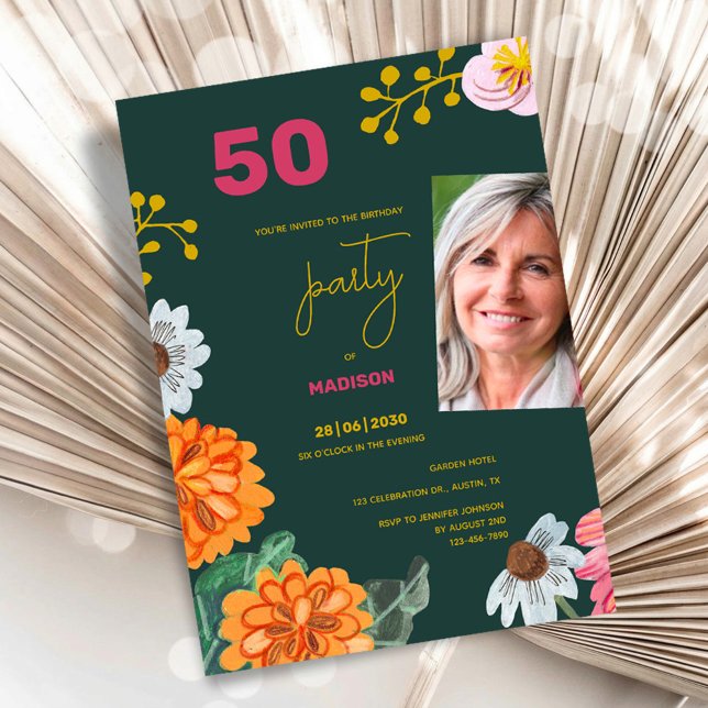 Floral 50th Birthday Party Invitation Photo (50th Birthday Party Invitation Floral Photo Style)