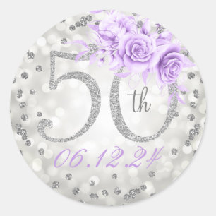 Floral 50th Birthday Party Lights Silver Purple  Classic Round Sticker