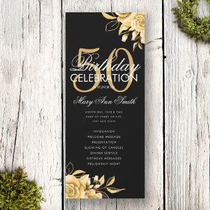 Floral 50th Birthday Program Gold & Black w/ Menu