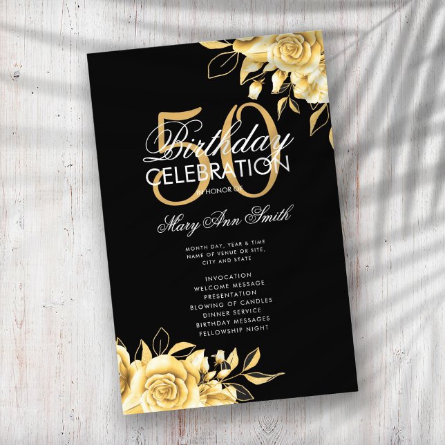 Floral 50th Birthday Program Gold & Black w/ Menu (Creator Uploaded)