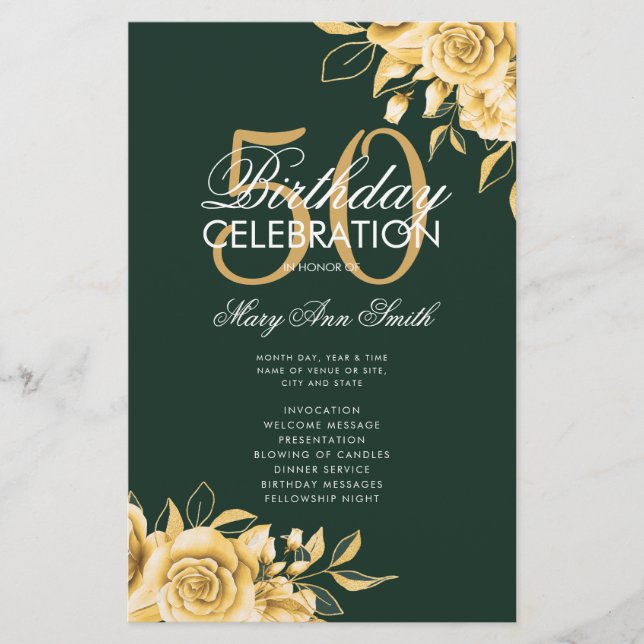 Floral 50th Birthday Program Gold & Emerald Menu (Front)
