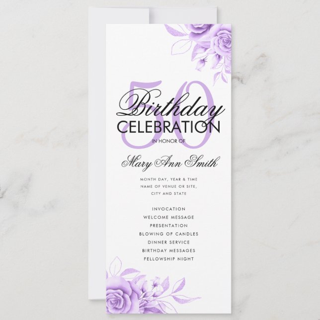 Floral 50th Birthday Program Purple w/ Menu (Front)