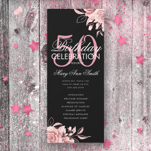 Floral 50th Birthday Program Rose Gold Black Menu
