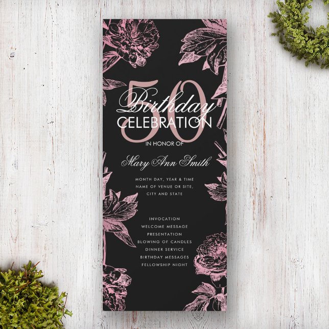 Floral 50th Birthday Program Rose Gold Black Menu (Creator Uploaded)