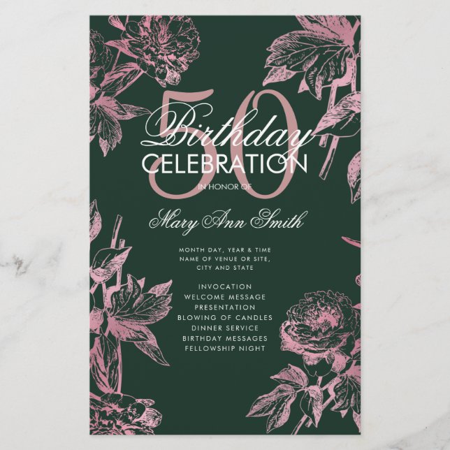 Floral 50th Birthday Program Rose Gold Green Menu (Front)
