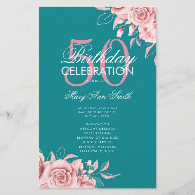 Floral 50th Birthday Program Rose Gold Teal Menu (Front)