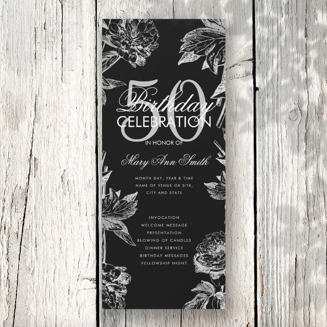Floral 50th Birthday Program Silver Black Menu (Creator Uploaded)