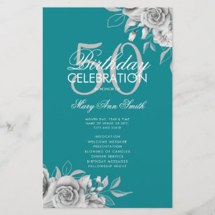 Floral 50th Birthday Program Silver Teal w/ Menu