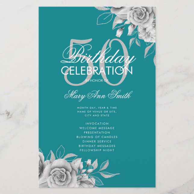 Floral 50th Birthday Program Silver Teal w/ Menu (Front)