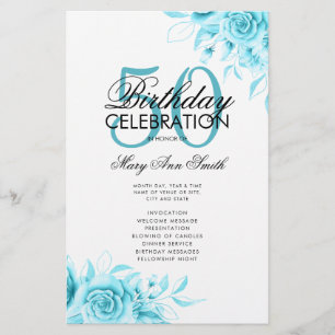 Floral 50th Birthday Program Teal w/ Menu