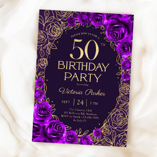 Floral 50th Birthday Purple Gold Invitation