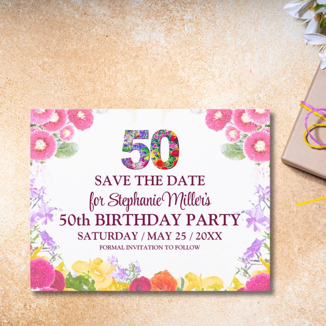  Floral 50th birthday save the date 50 elegant  Postcard (Creator Uploaded)