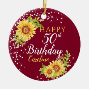 Floral 50th Birthday Sunflower Burgundy Ceramic Ornament