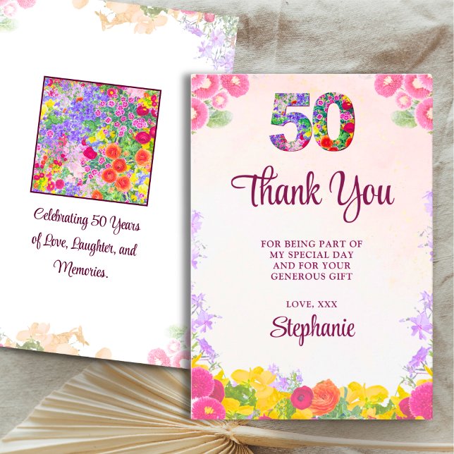 Floral 50th birthday thank you card 50 flower chic (Creator Uploaded)