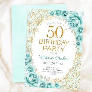 Floral 50th Birthday Turquoise Gold Invitation