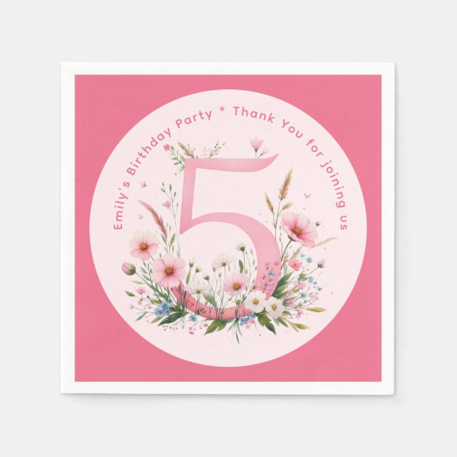 Floral 5th Birthday Custom Five Fairy Princess Napkin (Front)