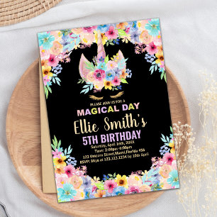 Floral 5th Unicorn Birthday Invitations