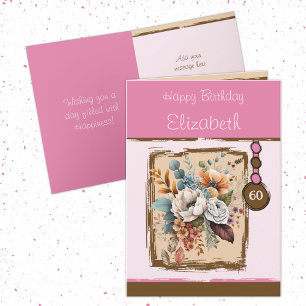 Floral 60th birthday custom name brown card