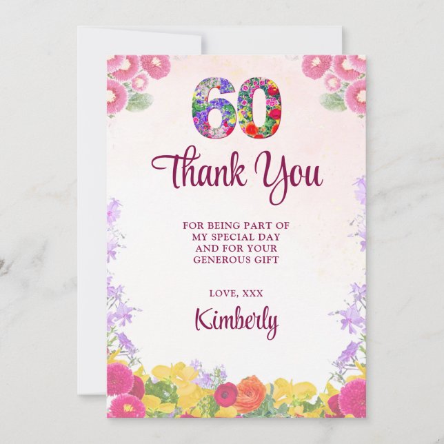 Floral 60th Birthday - Elegant Pastel 60 Years Thank You Card (Front)