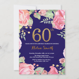 Floral 60th Birthday Gold Glitter Navy Blue Invitation
