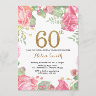 Floral 60th Birthday Invitation Gold Glitter