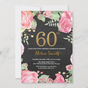 Floral 60th Birthday Invitation Gold Glitter