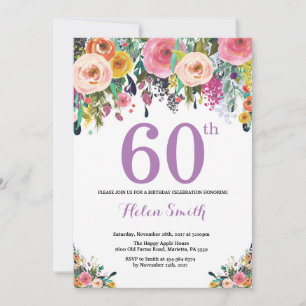 Floral 60th Birthday Invitation Purple