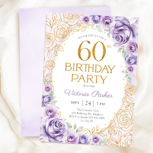 Floral 60th Birthday Lilac Purple Gold Invitation