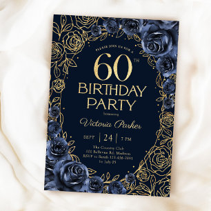 Floral 60th Birthday Navy Blue Gold Invitation