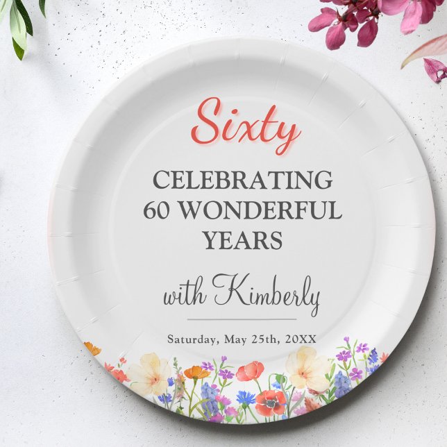 Floral 60th birthday paper plates 60 years flowers (Creator Uploaded)