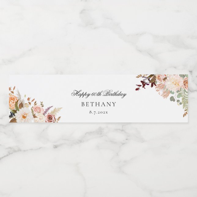 Floral 60th Birthday Party Custom Water Bottle Label (Single Label)