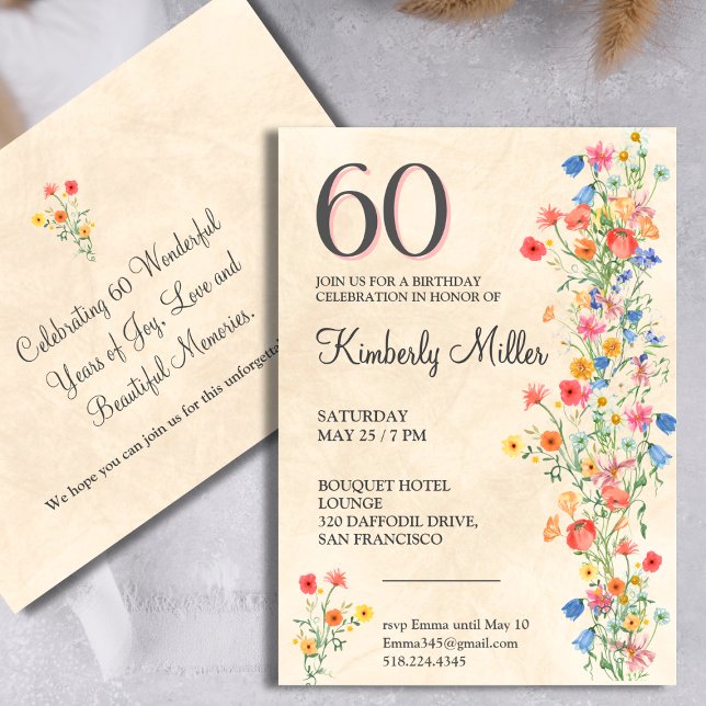 Floral 60th birthday party elegant wildflowers 60 invitation (Creator Uploaded)
