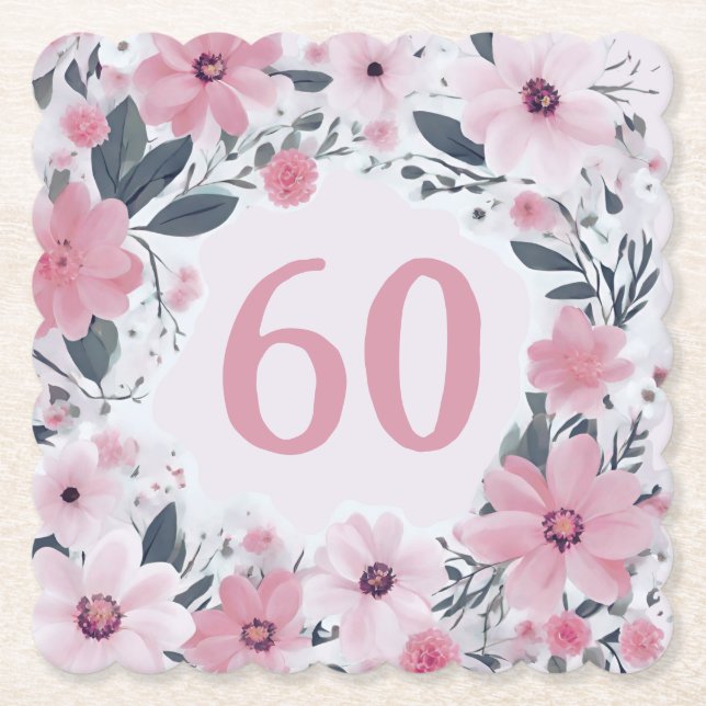 Floral 60th Birthday Party Pastel Pink Flowers Paper Coaster (Front)
