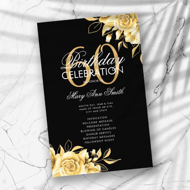 Floral 60th Birthday Program Gold & Black w/ Menu (Creator Uploaded)