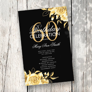 Floral 60th Birthday Program Gold & Black w/ Menu