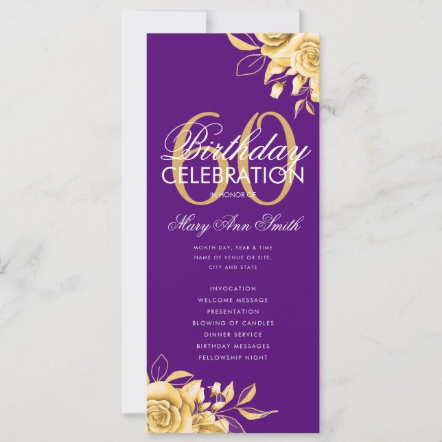Floral 60th Birthday Program Gold & Purple w/ Menu (Front)