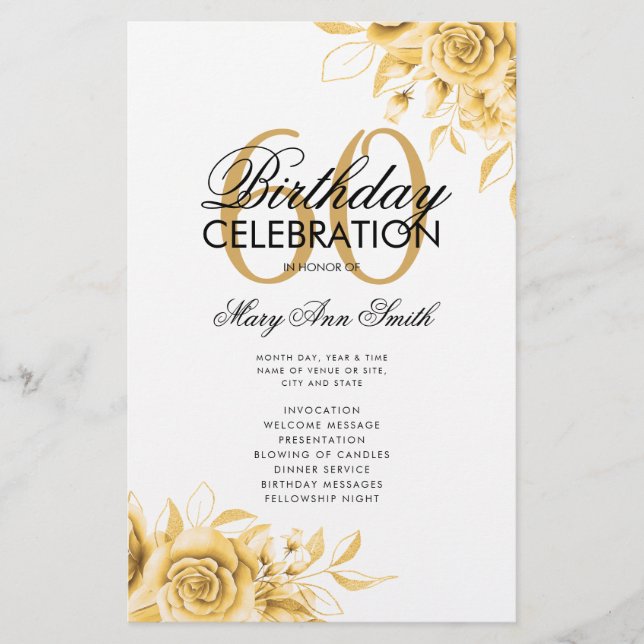Floral 60th Birthday Program Gold w/ Menu (Front)