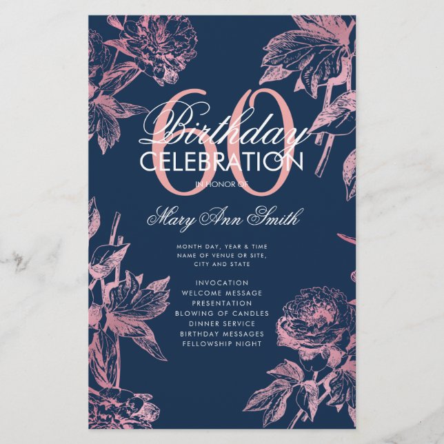 Floral 60th Birthday Program Rose Gold Navy Menu (Front)