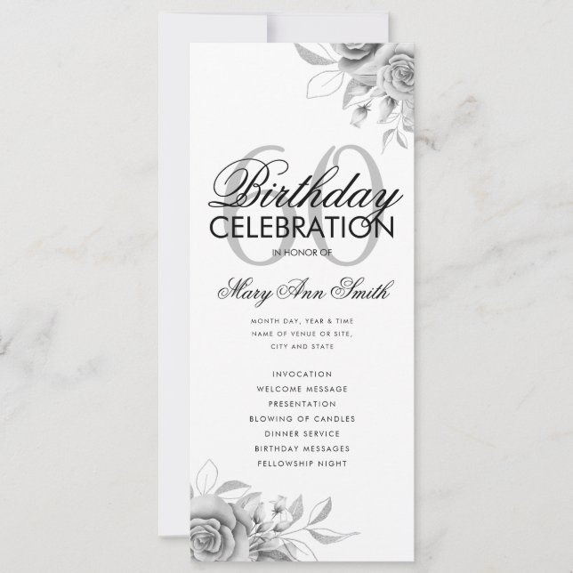 Floral 60th Birthday Program Silver w/ Menu (Front)