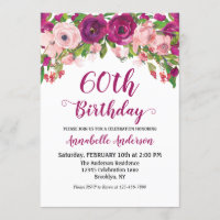Floral 60th Birthday Purple Pink Watercolor Modern