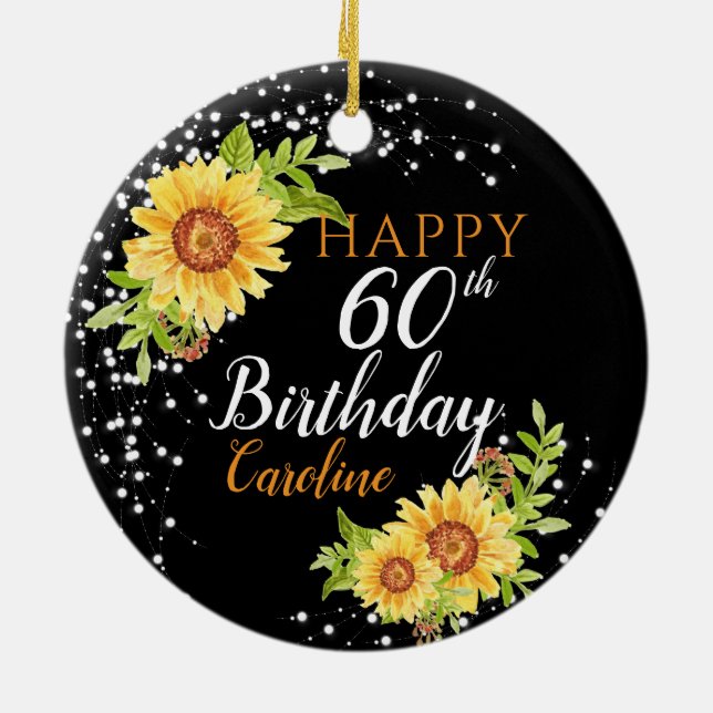 Floral 60th Birthday Sunflower Ceramic Ornament (Back)