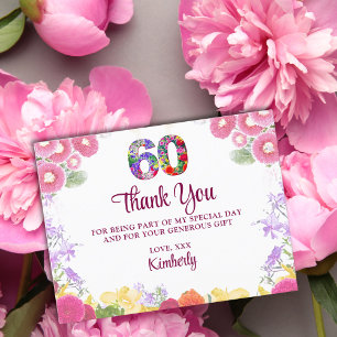 Floral 60th birthday thank you card 60 flower chic