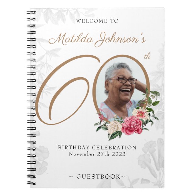 Floral 60th Birthday White Gold Photo Guestbook  Notebook (Front)