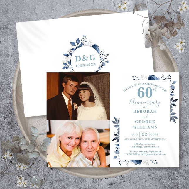 Floral 60th Wedding Anniversary Then & Now 2 Photo Invitation (Floral 60th Wedding Anniversary Then & Now 2 Photo Invitation)