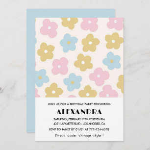 Floral 64th birthday invitations Retro Blue Pink 